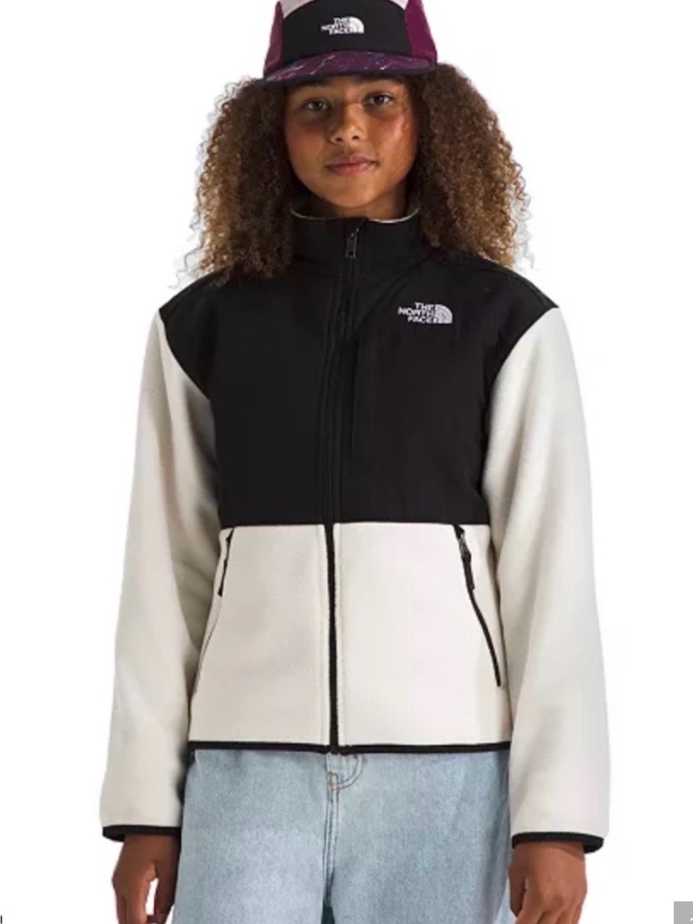 The North Face Kids Two-Tone Fleece Utility Jacket in Black and Cream size 14-16